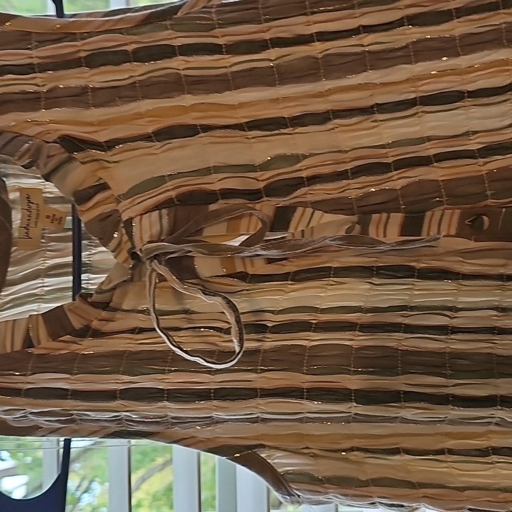 Green, Silver, White, and Peach Striped Button Down Rufflr Sleeveless Maxi Dress - Picture 3 of 8